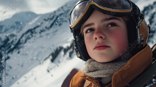 A young pilot stares intently ahead while flying over a snow-covered mountain range.