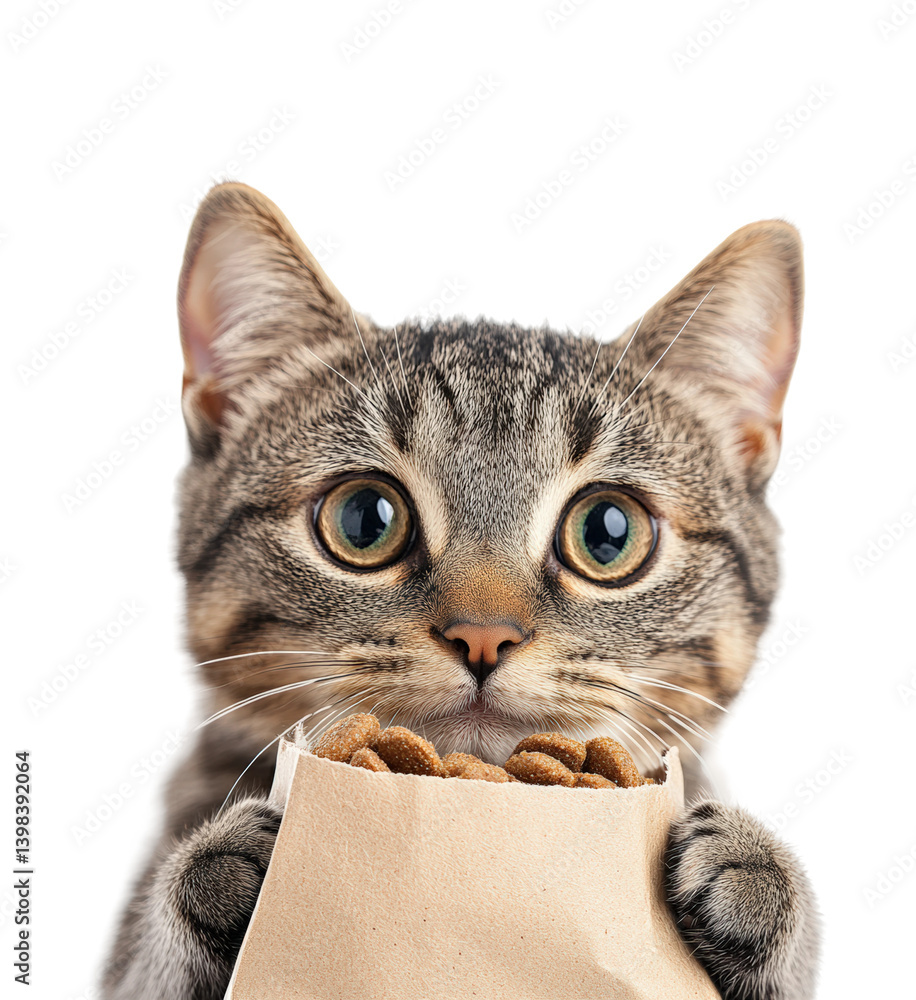 Curious cat with food bag animal soft light playful mood. Isolated on transparent background, png.