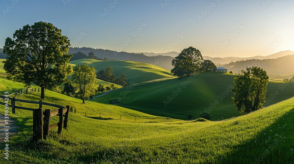 Obraz premium Rolling green hills and trees bathed in morning sunlight