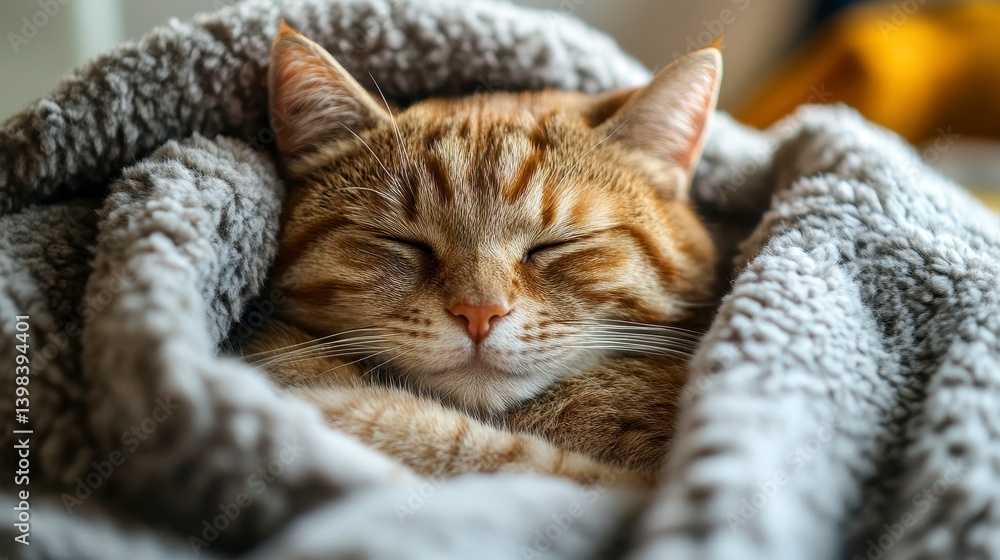 Relaxing Ginger Cat Snuggled in Cozy Gray Blanket Comforting Scene Relaxing Ginger Cat Snuggled in Cozy Gray Blanket Comforting Scene