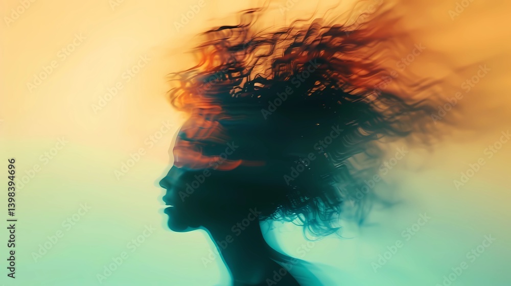 An silouette of a woman inside a gradient, colored by gradients and hair in motion, short hair, background is abstract and indistinct, Generative AI illustrations.