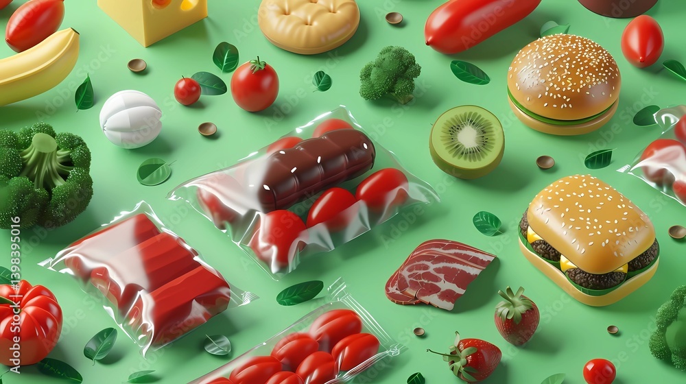 A 3D rendering of various foods that are wrapped in an organic, Generative AI illustrations.