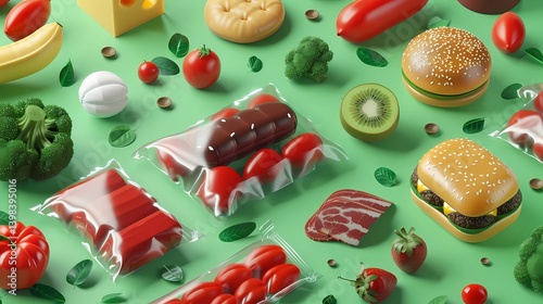 Obraz na płótnie A 3D rendering of various foods that are wrapped in an organic, Generative AI illustrations. w salonie