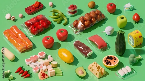 Obraz na płótnie A 3D rendering of various foods that are wrapped in an organic, Generative AI illustrations. w salonie