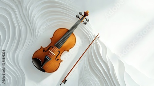 Elegant violin and bow on white background artistic display photography minimalist style aesthetic appeal