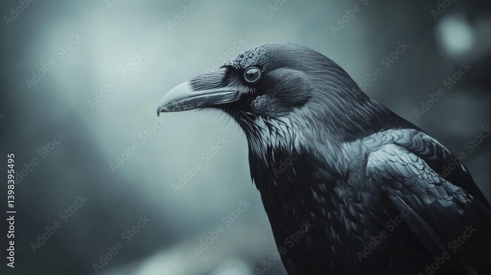 Naklejka premium Raven close-up forest wildlife photography dark atmosphere side view nature's mystique