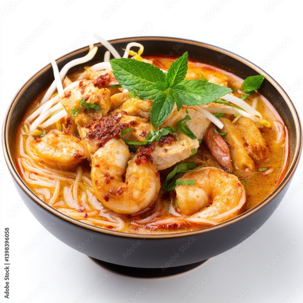 A bowl of noodle soup with shrimp and chicken isolated on white background A bowl of noodle soup with shrimp and chicken isolated on white background
