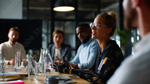 Person with a prosthetic arm giving a presentation to colleagues in a boardroom