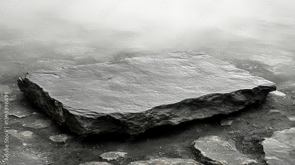 Monochromatic Misty Mountaintop: A solitary dark stone rests on a foggy peak, creating a serene atmosphere. Monochromatic Misty Mountaintop: A solitary dark stone rests on a foggy peak, creating a serene atmosphere.