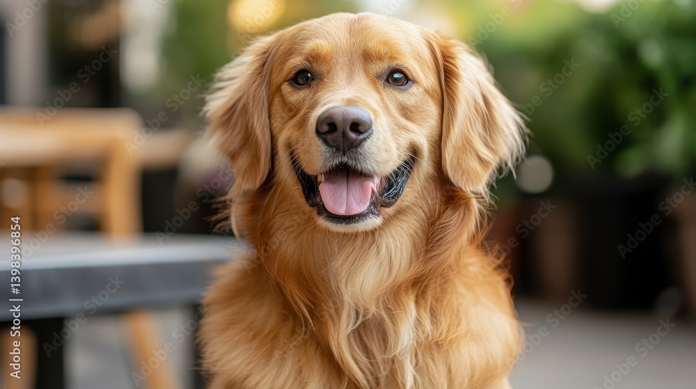 Happy Golden Retriever Dog Sitting Outdoors with Soft Focus Background Happy Golden Retriever Dog Sitting Outdoors with Soft Focus Background
