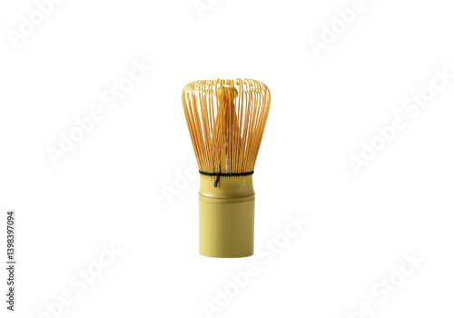 A green matcha whisk floating horizontally in mid-air against a solid white background