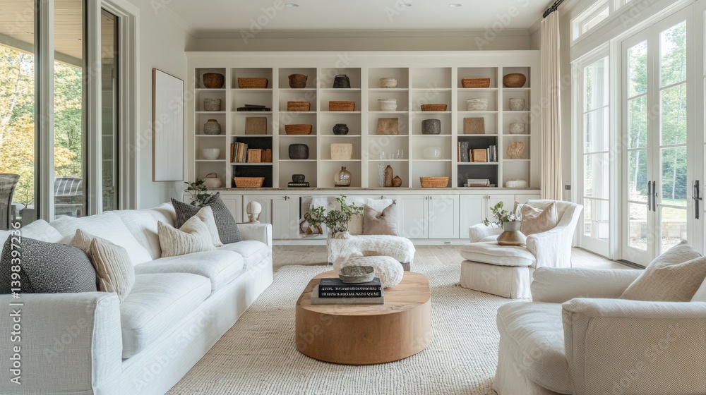 Fototapeta premium A beautifully decorated modern living room with natural light and seating