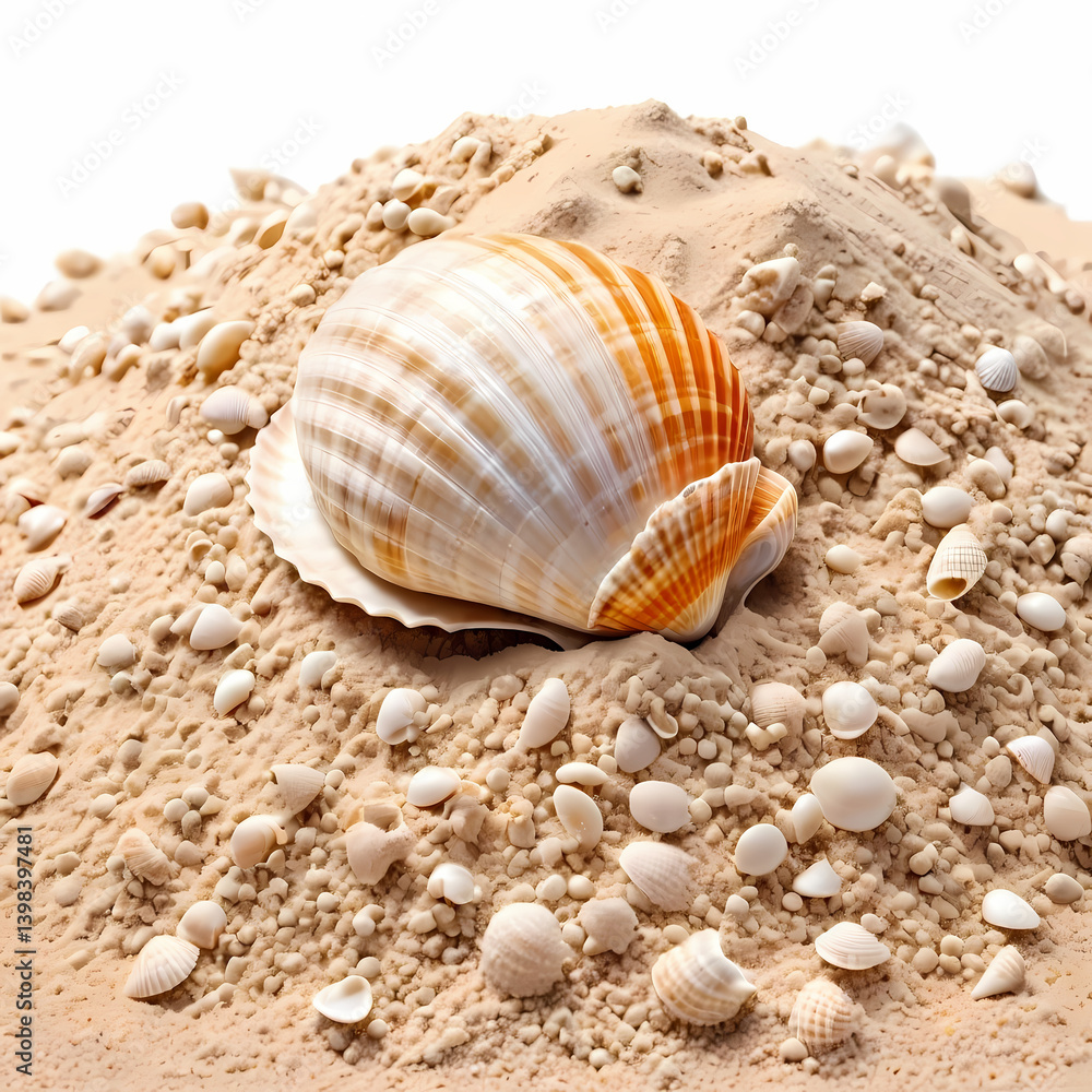 Sea shell in sand pile isolated on white, side view Sea shell in sand pile isolated on white, side view