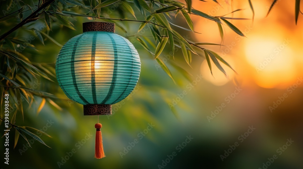 Obraz premium Teal paper lantern hanging from bamboo branch at sunset