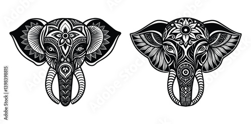  stylized elephant head with mandala-inspired ears and tusks integrated with symmetrical tribal markings