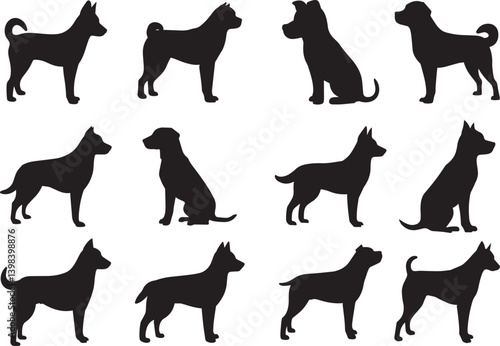 silhouettes of dogs, various breeds, black shapes on white background, minimal design, graphic illustration, dog profiles, canine outlines, pet portraits, veterinary icons, kennel club poster