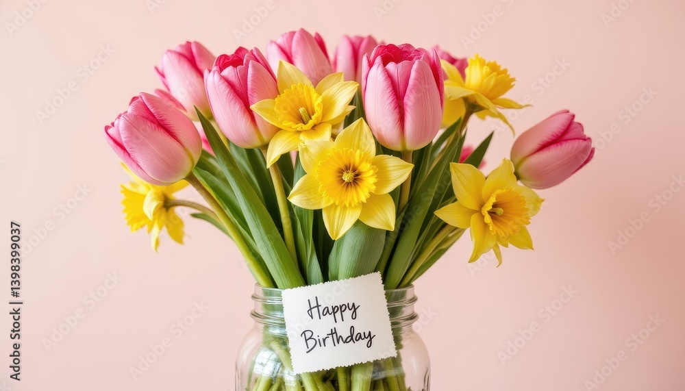 Bouquet of pink tulips and yellow daffodils in a mason jar with a birthday note