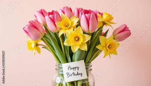 Obraz na płótnie Bouquet of pink tulips and yellow daffodils in a mason jar with a birthday note w salonie