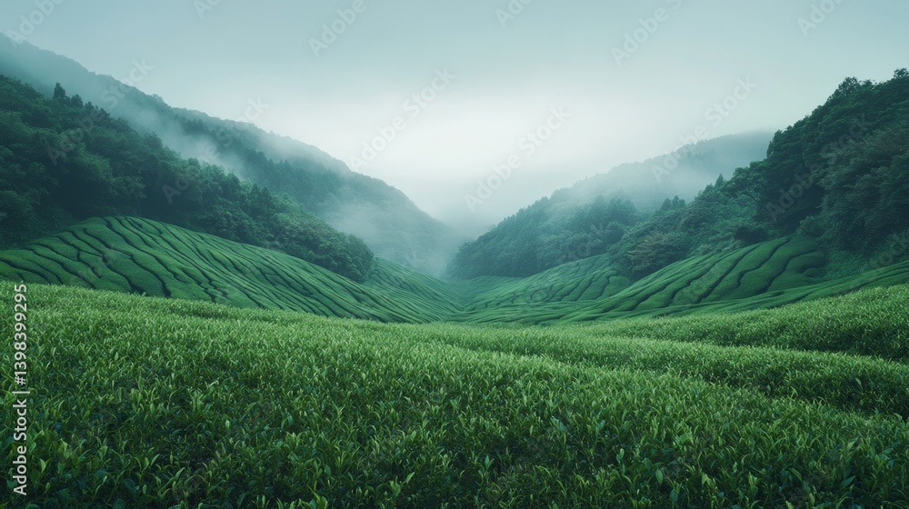 Serene green tea fields misty hills landscape photography tranquil environment wide-angle view nature's beauty