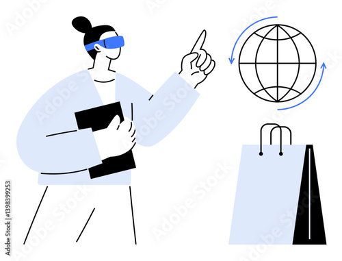 Woman wearing VR headset interacts with global network while holding tablet beside shopping bag. Ideal for e-commerce, virtual reality, global trends, innovation, retail, online shopping, flat simple