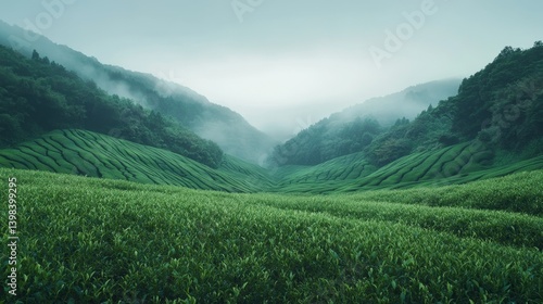 Obraz na płótnie Serene green tea fields misty hills landscape photography tranquil environment wide-angle view nature's beauty w salonie