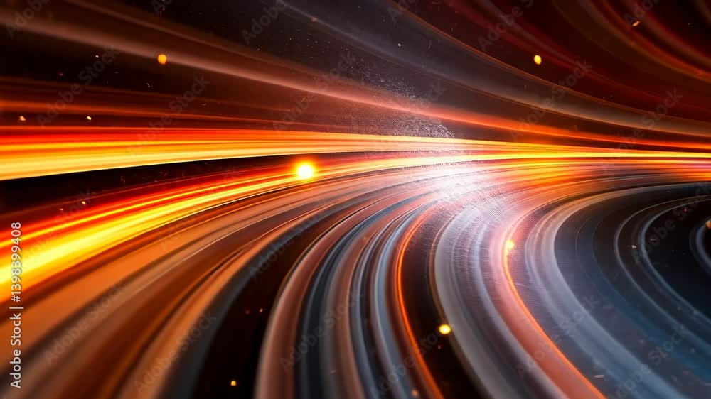 Abstract Bright Curved Light Trails in Orange Red and Blue with Glowing Dots in Dark Background Abstract Bright Curved Light Trails in Orange Red and Blue with Glowing Dots in Dark Background