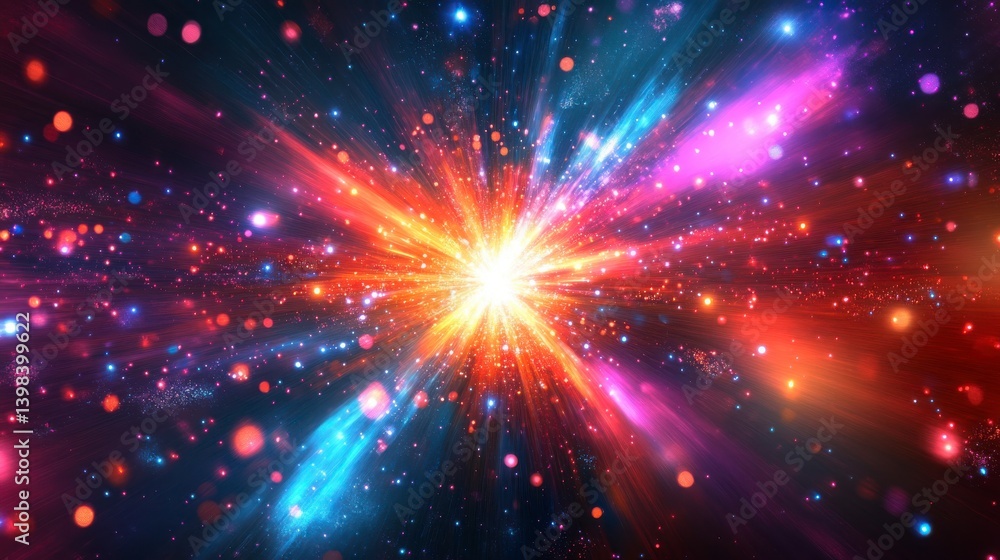 Fototapeta premium Vibrant Cosmic Explosion with Colorful Light Rays and Stars