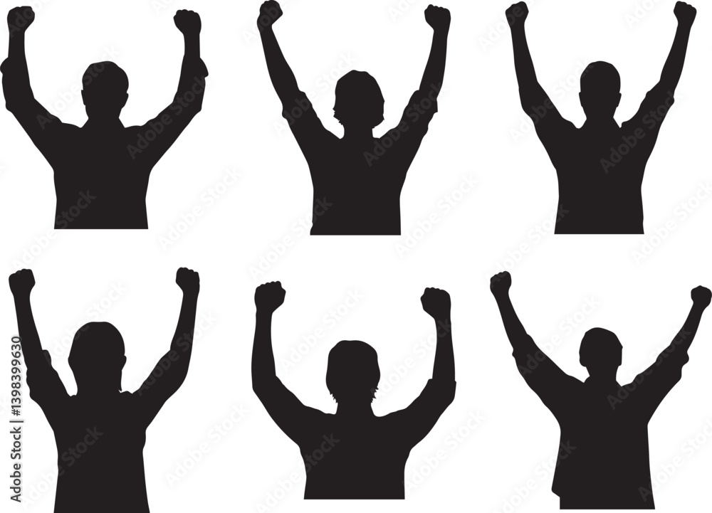 Silhouettes of triumphant figures, arms raised in victory, black and white imagery, minimalist design, group of six people, dynamic poses, celebratory gestures, high contrast, clean lines, inspiration Silhouettes of triumphant figures, arms raised in victory, black and white imagery, minimalist design, group of six people, dynamic poses, celebratory gestures, high contrast, clean lines, inspiration