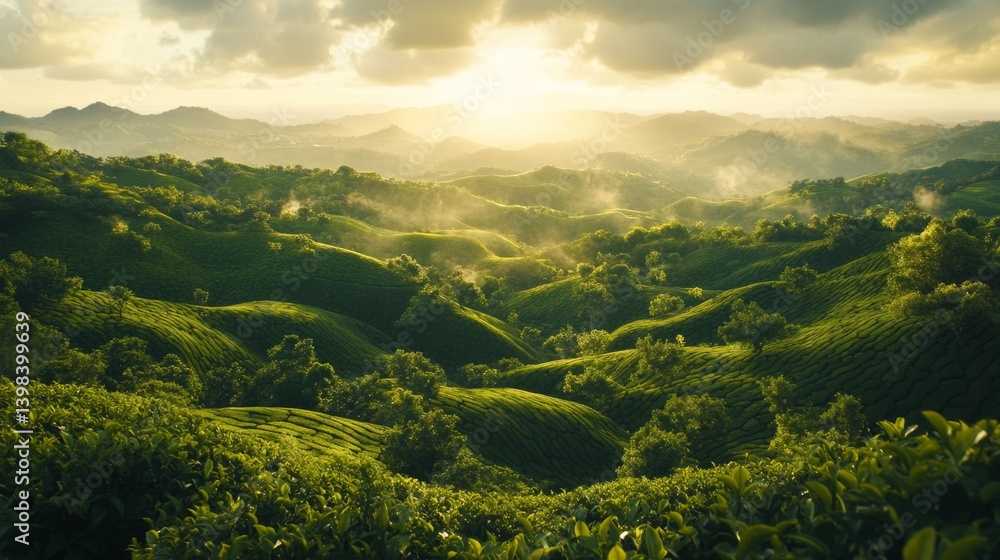 Morning sunrise over lush green tea fields serene landscape nature photography hillside viewpoint