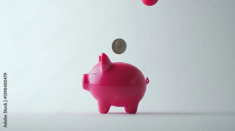 Saving money with a pink piggy bank studio background photography minimalist environment close-up view financial concept
