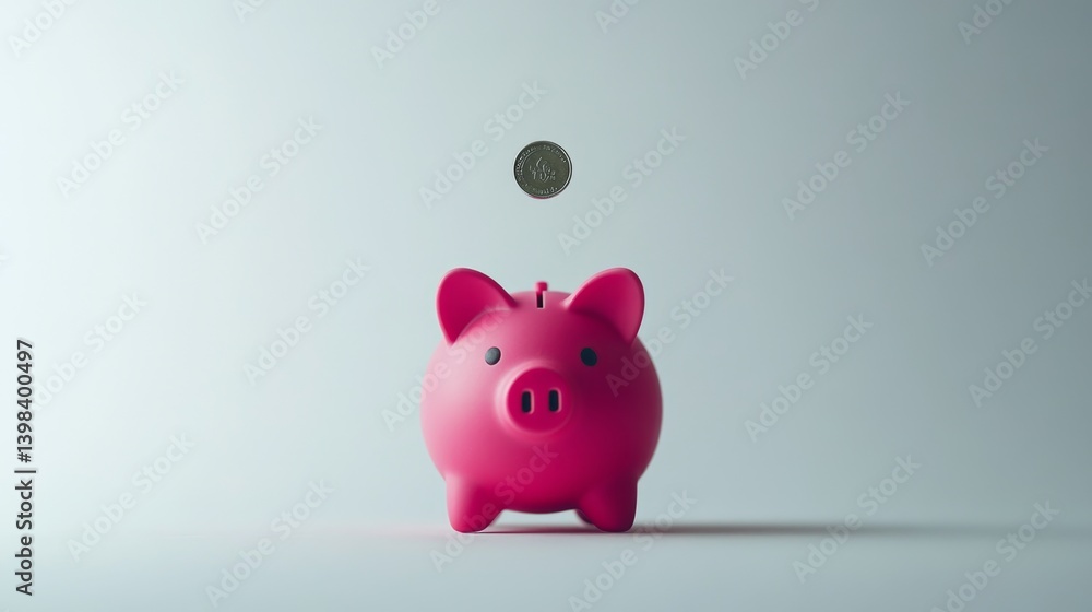 Saving money piggy bank with coin drop minimalist setting conceptual photography indoor close-up view