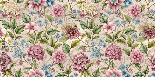 Elegant floral pattern featuring pink and blue blossoms on a soft background.