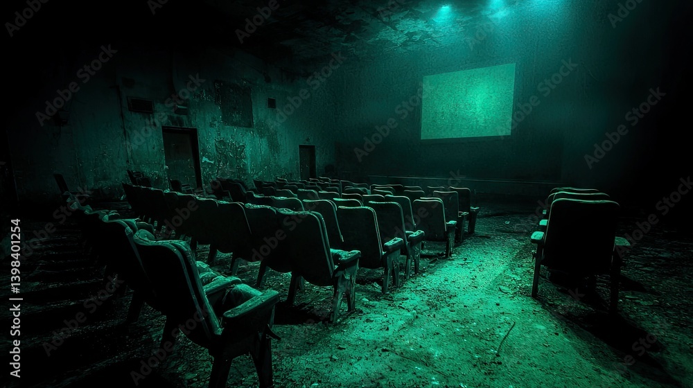 An abandoned cinema shows decaying seats with a glowing projection screen
