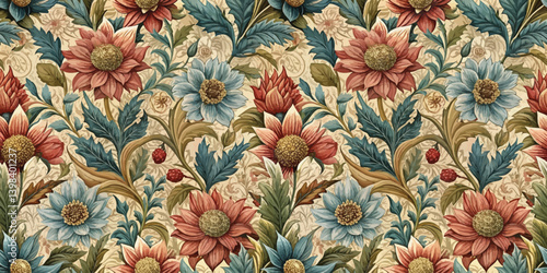 Elegant vintage floral pattern featuring colorful flowers and rich foliage.