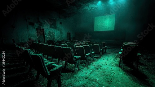 Obraz na płótnie An abandoned cinema shows decaying seats with a glowing projection screen w salonie