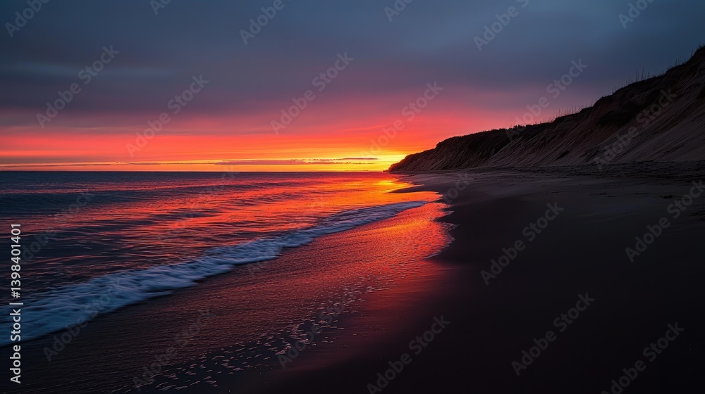 Fototapeta premium A stunning sunset over the ocean reflecting fiery colors on the beach