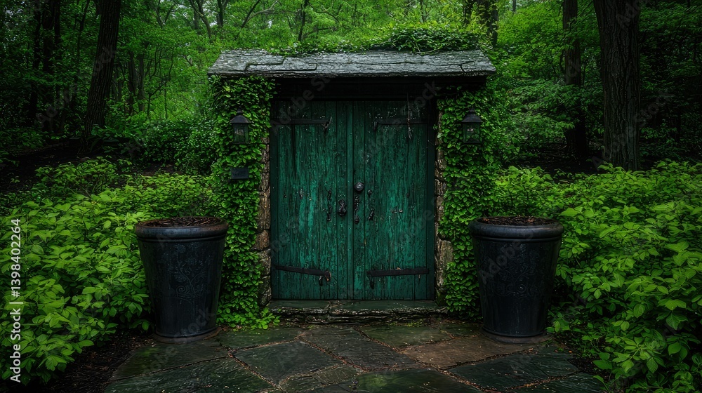 Fototapeta premium Green wooden doors surrounded by lush greenery and plants in a garden
