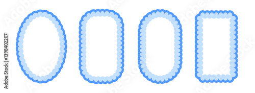 Light blue frill pattern frame set. Cute scalloped ellipse and rectangle border collection. Wavy lace edge shape in rococo style for decoration, poster, banner. Wiggly coquette element pack. Vector