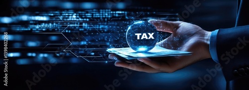 Digital Tax Orb on Hand with Documents and Glowing Blue Abstract Lines