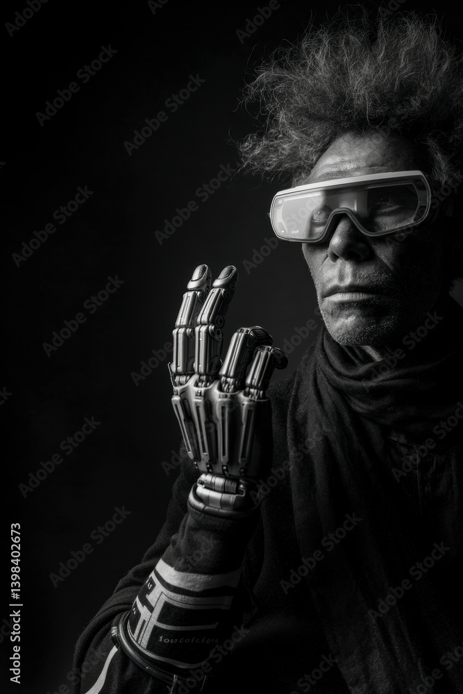 Futuristic man with spiky hair and robotic glove. AI-generated stylized portrait representing identity, aging, and cyber aesthetics in black and white.