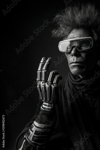 Obraz na płótnie Futuristic man with spiky hair and robotic glove. AI-generated stylized portrait representing identity, aging, and cyber aesthetics in black and white. w salonie