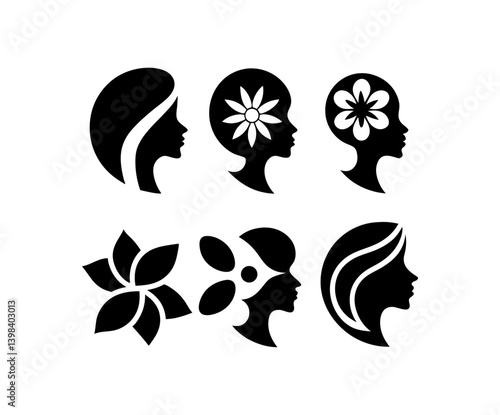 Elegant Female Silhouette with Floral Hair Design logo elements
