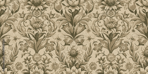 Elegant floral wallpaper design in earthy tones, showcasing intricate botanical patterns.