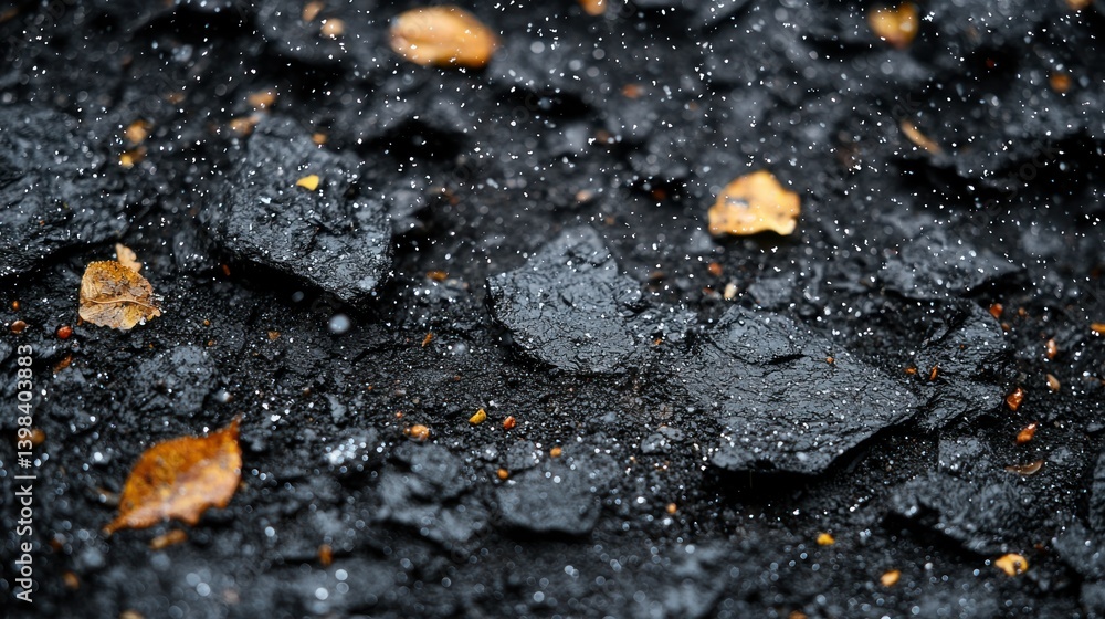 Dark Coal Texture with Autumn Leaves and Rain Dark Coal Texture with Autumn Leaves and Rain