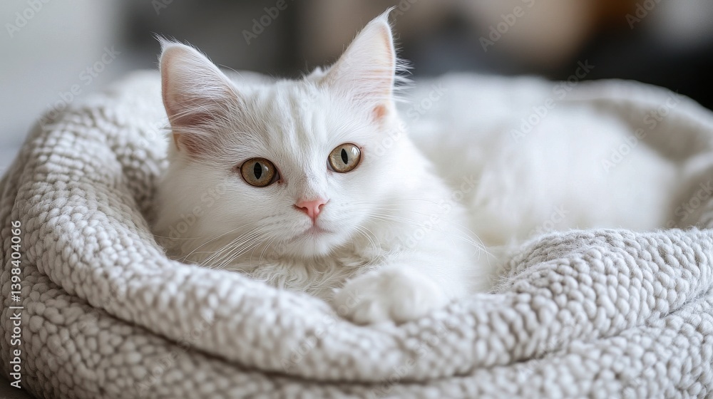 Fluffy White Cat Relaxing on Cozy Knit Blanket with Soft Expression Fluffy White Cat Relaxing on Cozy Knit Blanket with Soft Expression