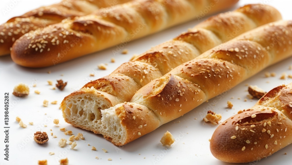 Baked golden baguette loaves. Fresh bread sprinkled with sesame seeds. Cut loaf showing soft inside with bread crumbs on white surface. Baked golden baguette loaves. Fresh bread sprinkled with sesame seeds. Cut loaf showing soft inside with bread crumbs on white surface.