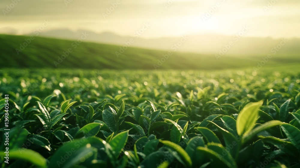 Growing tea leaves in lush green fields sunrise landscape nature photography serene environment close-up view