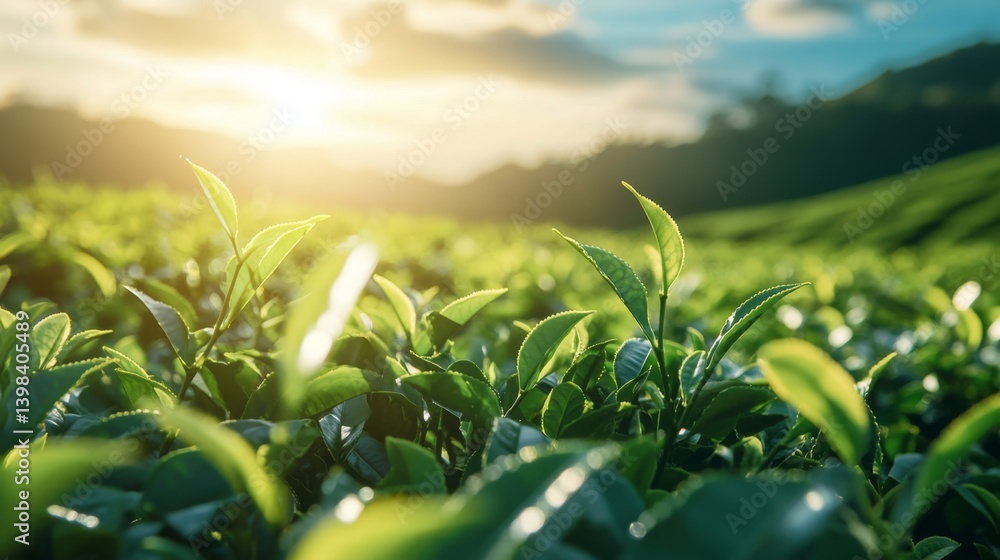 Vibrant tea plant growth at sunrise scenic landscape nature photography lush environment close-up view growth concept
