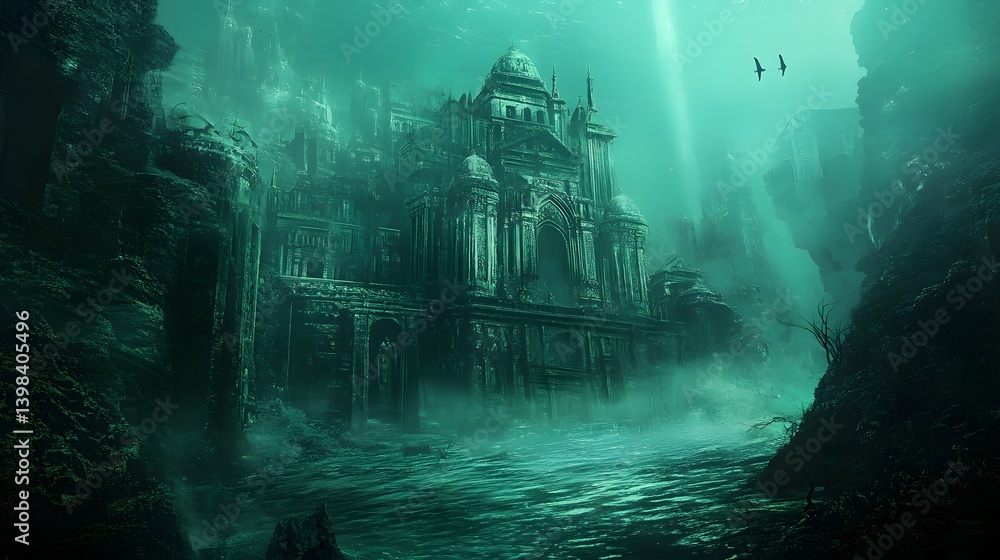 Submerged Citadel: An ethereal underwater realm, where a grand citadel stands partially submerged in the mystical depths of the ocean, a testament to forgotten history. Submerged Citadel: An ethereal underwater realm, where a grand citadel stands partially submerged in the mystical depths of the ocean, a testament to forgotten history.