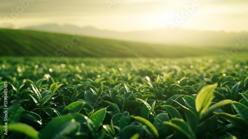 Obraz na płótnie Growing tea leaves in lush green fields sunrise landscape nature photography serene environment close-up view w salonie